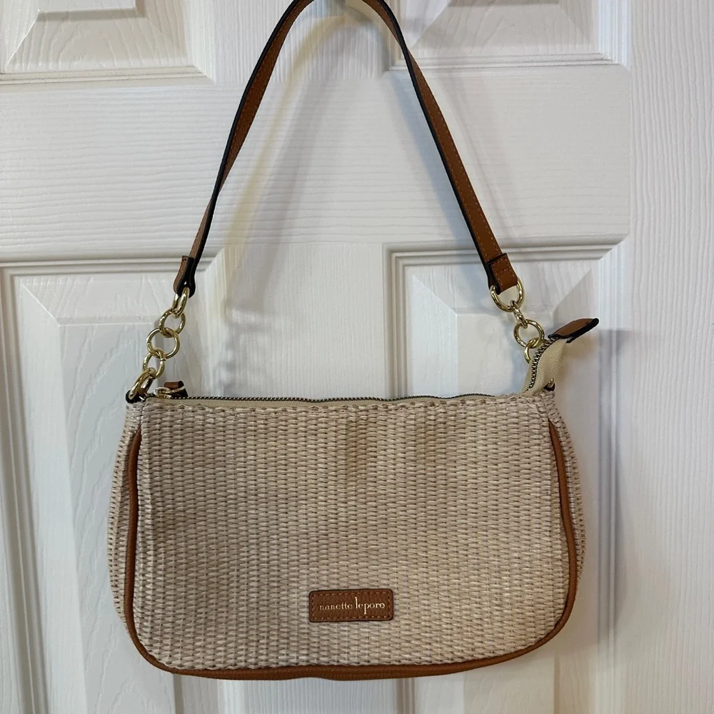 Nanette Lepore Neutral Beige Brown Gold Straw Woven Mini Shoulder Bag